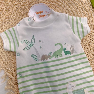 Macacão Curto Malha Trape Zape - Listrado com Dinos - Off White e Verde